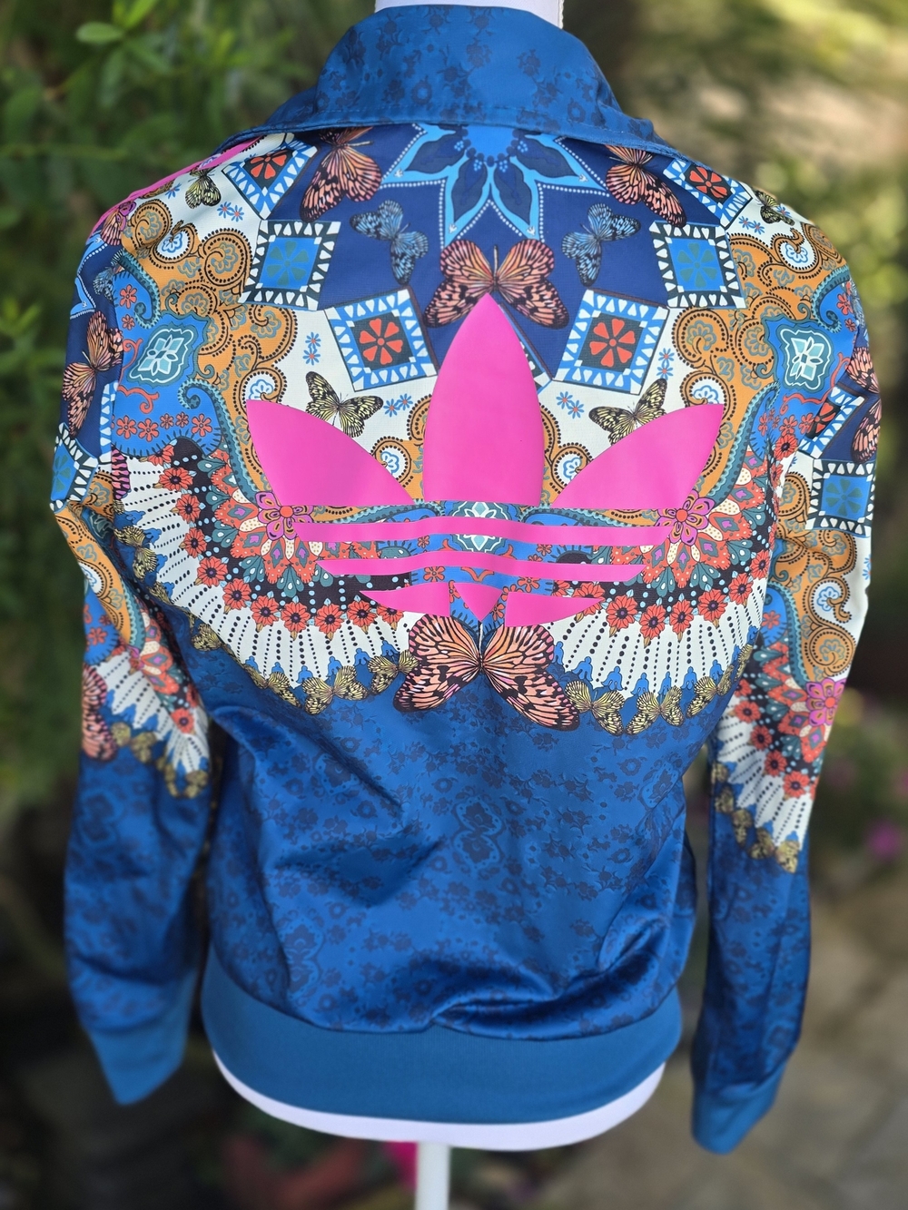 Adidas Original- Farm Rio Women's Blue Bomber Jacket with Pink Stripe Accents M - Picture 5 of 7